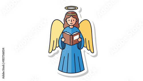 Smiling Female Angel Character With Open Book And Golden Halo And Wings Wearing Blue Dress