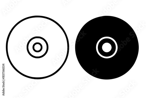 Disk icon illustration, black and white, outline and silhouette versions