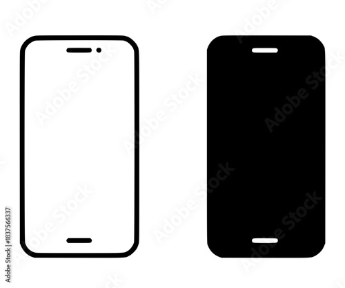 Smartphone icon illustration, black and white, outline and silhouette versions