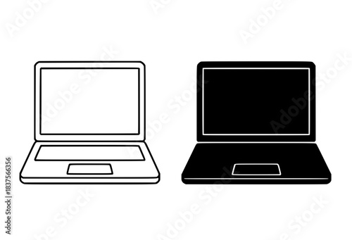 Laptop icon illustration, black and white, outline and silhouette versions