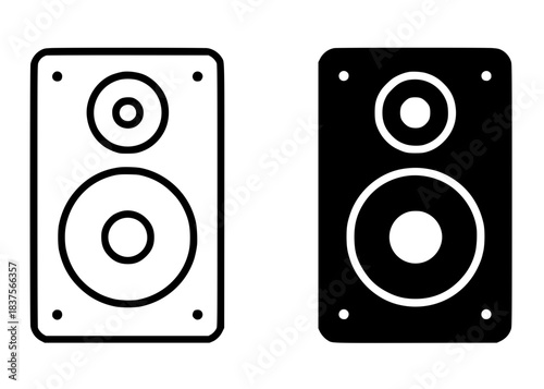 Speaker icon illustration, black and white, outline and silhouette versions