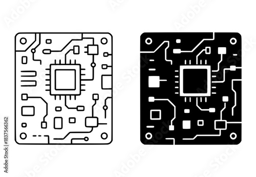 Motherboard icon illustration, black and white, outline and silhouette versions