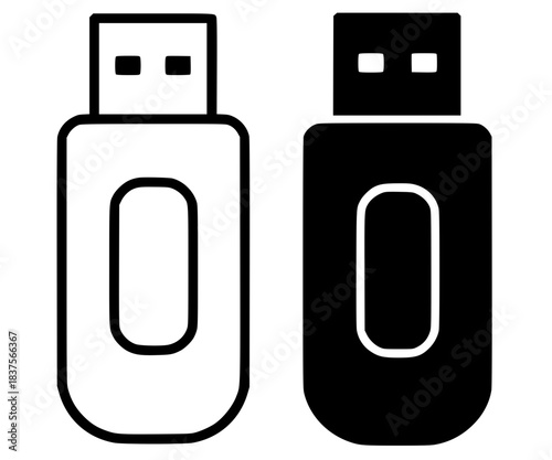 Flash disk icon illustration, black and white, outline and silhouette versions