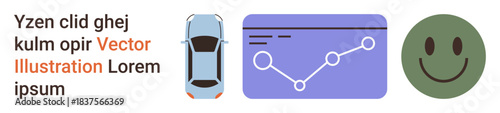 Business analytics, transportation trends, user satisfaction, data visualization, car performance, digital marketing. Car, graph with progress lines smiling face. Business analytics