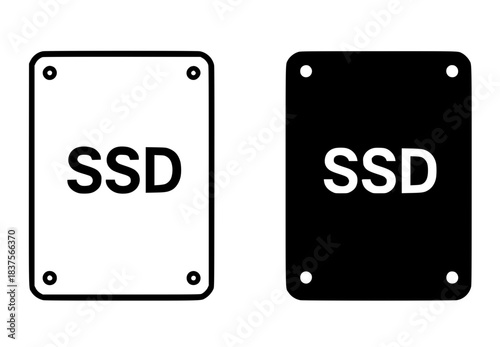 SSD icon illustration, black and white, outline and silhouette versions