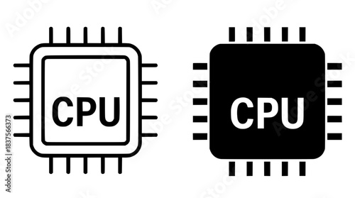CPU icon illustration, black and white, outline and silhouette versions