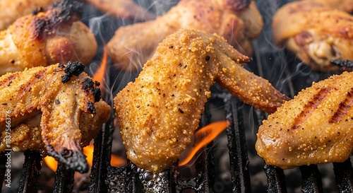 Fototapeta Naklejka Na Ścianę i Meble -  Grilled Chicken Wings with Flames and Smoke on a Grill.