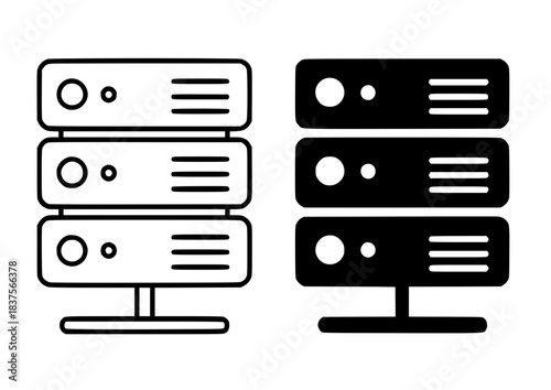 Server icon illustration, black and white, outline and silhouette versions