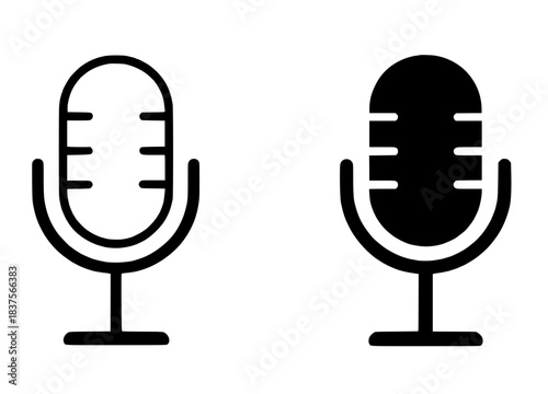 Microphone icon illustration, black and white, outline and silhouette versions