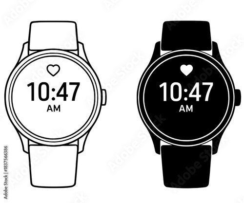 Watch icon illustration, black and white, outline and silhouette versions
