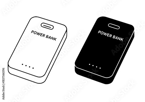 Power bank icon illustration, black and white, outline and silhouette versions