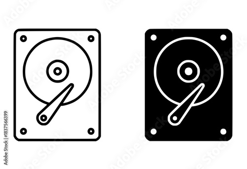 Hard disk icon illustration, black and white, outline and silhouette versions