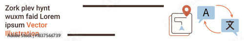 Communication, language learning, translation services, localization, global interaction, education. Icons include a map pin, translation symbols and speech bubbles. Translation services