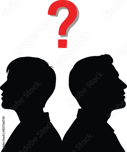 Silhouette of a Man and Woman Back-to-Back with Red Question Mark Symbolizing Relationship Problems, Misunderstanding, or Decision Making