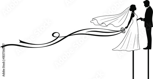 Elegant Wedding Couple Silhouette Cake Topper, Bride and Groom Holding Hands with Flowing Veil and Ribbon, Minimalist Vector Artwork Decoration