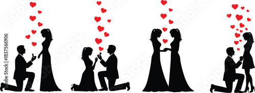 Romantic proposal, same-sex lesbian and heterosexual couples silhouette, marriage, love, commitment, engagement, hearts, happy relationship, diverse unions, wedding celebration.