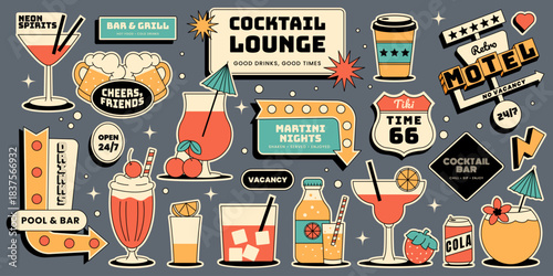 Retro cocktail lounge bar stickers set, drinks, motel sign, neon signs and more. Fun design for nightlife events vintage party. Flat vector illustration 1950s style
