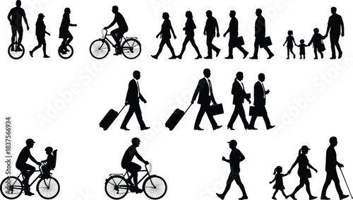 Black Silhouette Set of Diverse People Walking, Running, Cycling, and Traveling, Including Business Commuters, Families, and Travelers with Luggage, Isolated Vector Art