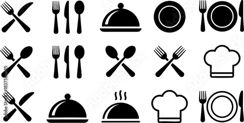 Kitchen Utensils and Serving Icons: Cutlery, Chef Hat, Cloche, Plate, Fork, Knife, Spoon