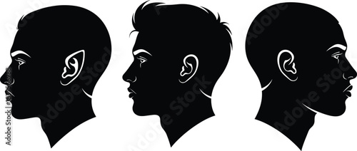 Male Head Profiles Silhouette Set, Strong Men Faces Side View, Graphic Vector Illustration, Black and White, Human Anatomy, Haircuts, Modern Style, Elegant.