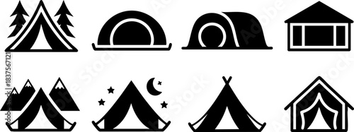 Camping and outdoor tent icons set – mountain, forest, night sky, glamping, cabin, teepee, adventure, travel, hiking, summer camp – black vector design