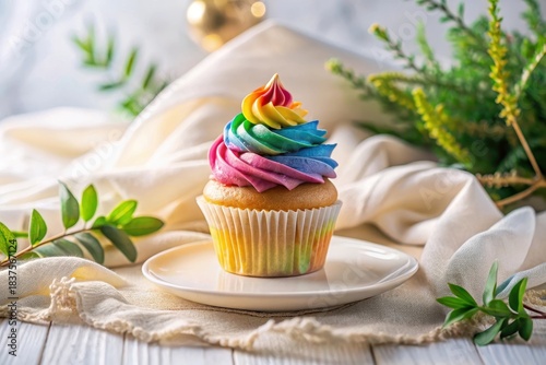 A single delightful rainbow cupcake, swirled with vibrant frosting, rests elegantly on a pristine white plate, nestled amongst lush greenery on a soft, light fabric