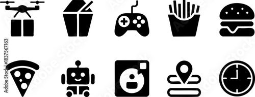 Black delivery and technology icons set – drone, noodles, fries, burger, pizza, game controller, robot, washing machine, location, clock – modern vector design