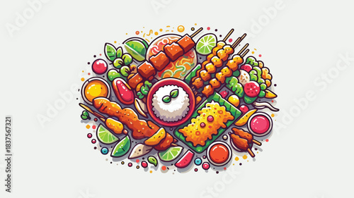 Delicious Asian Food Skewers and Dishes Vector Illustration