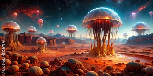 A Martian Colony's Biodome Structures Thrive Among Otherworldly Rock Formations Under a Starry Sky