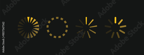 Golden yellow loading spinner icon set for dark mode interface. Modern progress bar graphic element suitable for web, mobile, and game design