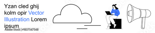 Remote work, cloud storage, digital media, online communication, broadcast, innovation. Cloud graphic, woman using a laptop and megaphone. Remote work and online communication concept