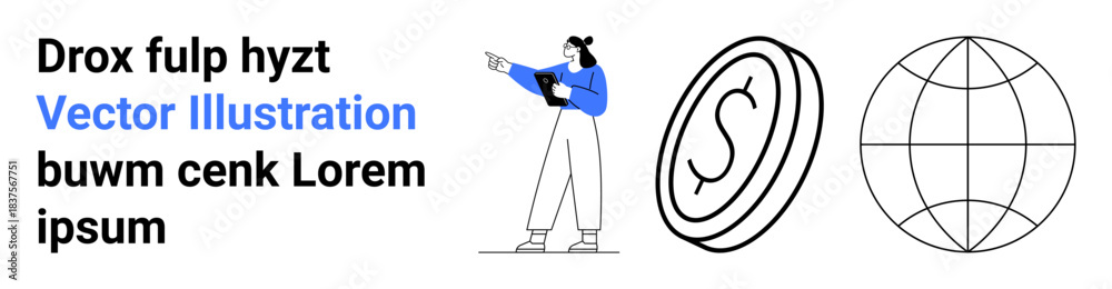 Obraz premium Woman holding a tablet gestures confidently, dollar coin signifies financial concepts, globe suggests global reach. Ideal for business, finance, global economy, education, communication, teamwork