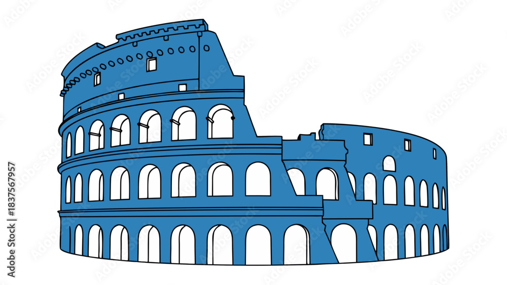 Naklejka premium Stylized Blue Silhouette of the Ancient Roman Colosseum Architectural Landmark Against a Solid Black Background