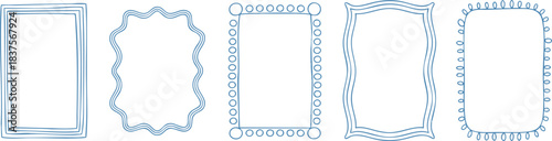 Set of elegant whimsical hand-drawn blue color frames with wavy squiggle curly ribbons in trendy, vintage styles. Perfect for quirky holiday, wedding, birthday gift decorations