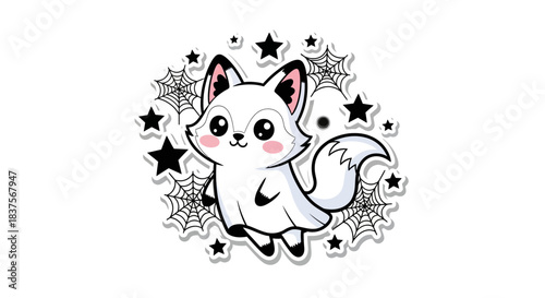 Cute ghost fox with stars and spiderwebs, perfect for Halloween themed designs and illustrations