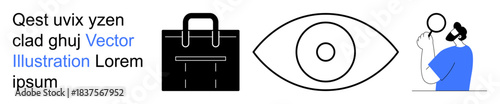 Visual branding, identity verification, security concepts, personal analysis, technology, and observation. Minimalist bag graphic, an eye illustration and a person examining appearance. Visual
