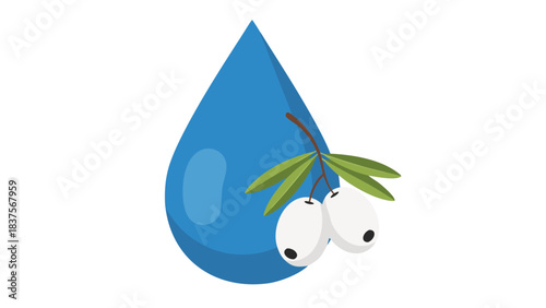Stylized Blue Water Droplet with White Berries and Green Leaves on Black Background Simple Vector Illustration Minimalist Design