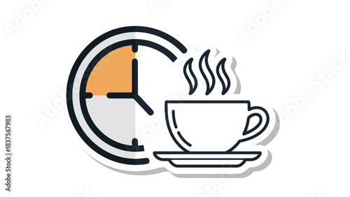 Stylized Clock Face Icon Next To A Steaming Coffee Cup And Saucer With Warm Lighting