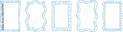 Set of elegant whimsical hand-drawn blue color frames with wavy squiggle curly ribbons in trendy, vintage styles. Perfect for quirky holiday, wedding, birthday gift decorations