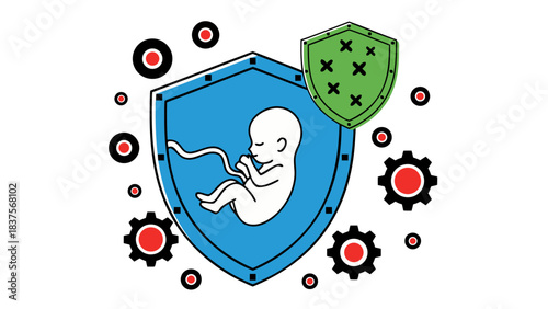 Stylized illustration of a fetus inside a blue shield with a green shield overhead symbolizing protection and health against red circular elements on a black background