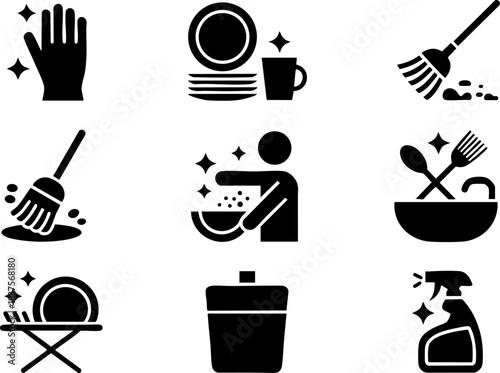 Black cleaning and housekeeping icons set featuring dishwashing, sweeping, scrubbing, detergents, and hygiene tools for home, service, and janitorial design.
