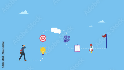 Businessman walk on winning plan journey. Winning plan to success, strategy step to reach success, career journey, project management or idea development, challenge, flowchart to succeed.