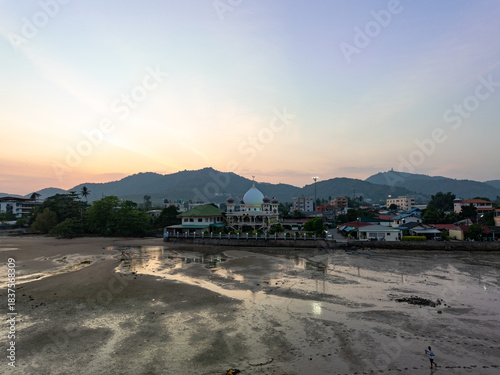 Aerial view sunset or sunrise over mountains nature background