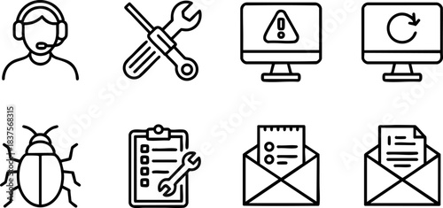 Customer support and maintenance icons set – service, repair, email, bug, tools, technical assistance, troubleshooting and communication concept