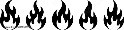 Fire flame icons collection – burning flame symbols, heat and energy concept, black flame silhouettes for warning, hazard, camp, and logo design