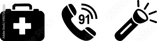 Emergency icons set. First aid kit, emergency call, and flashlight solid icons. Safety, rescue, and survival symbols for medical or emergency design use.