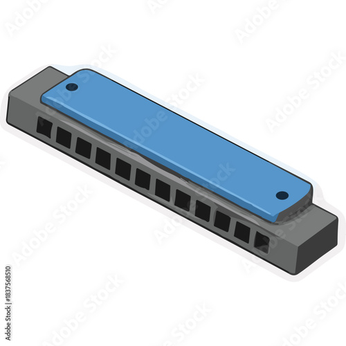 Harmonica Musical Instrument Blues Harp With Blue Cover And Metal Body In Isometric View On Black Background