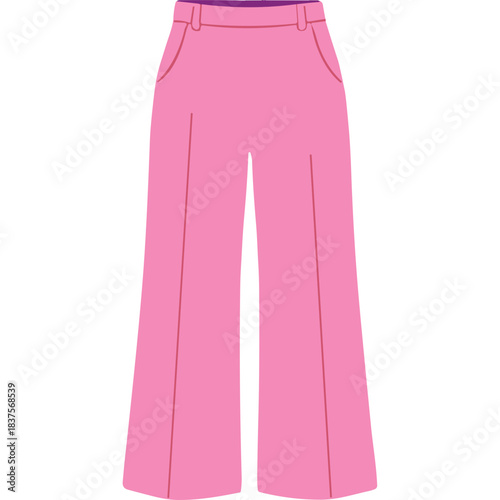 High Waisted Pink Wide Leg Trousers with Purple Waistband and Red Trim Isolated on Black Background Simple Fashion Illustration