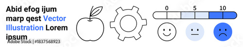 Apple for health, gear for process, emoticons for emotion, and scale for rating. Ideal for health, mechanics, emotions, progress, survey evaluation simple landing page