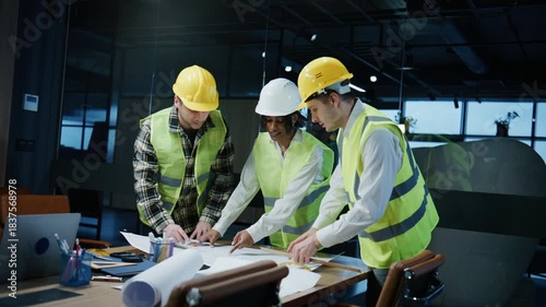 Multiracial team of architects and engineers discussing blueprints in an office during a project meeting